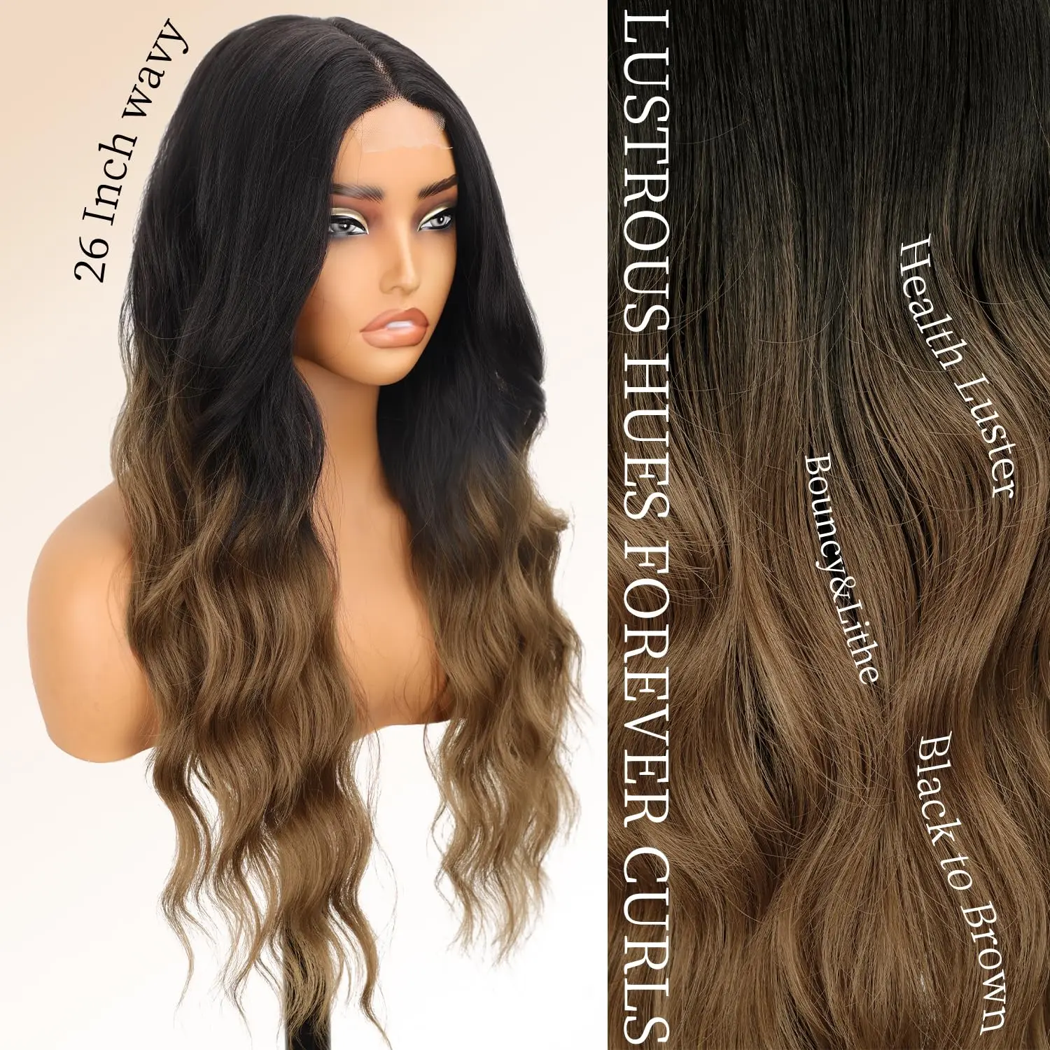 

Brown Wig for Women, Long Wavy Black To Brown Lace Hairline Middle Part Synthetic Heat Resistant Wig for Daily Party-26 Inch