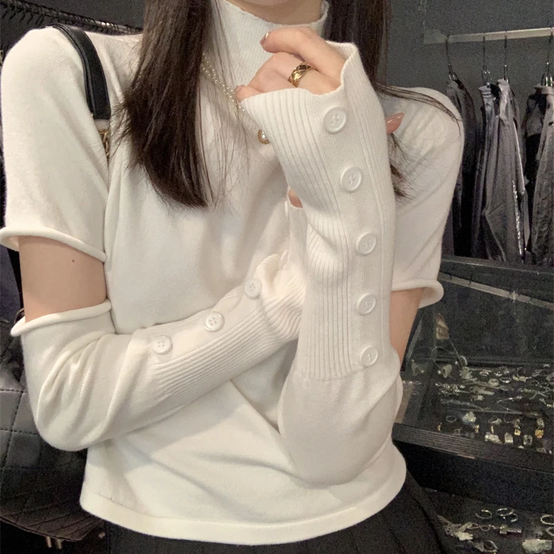 Pullovers Woman Spliced Fashion Solid Half High Collar Casual Office Ladies Slim All-match Streetwear Korean Style Simple Autumn