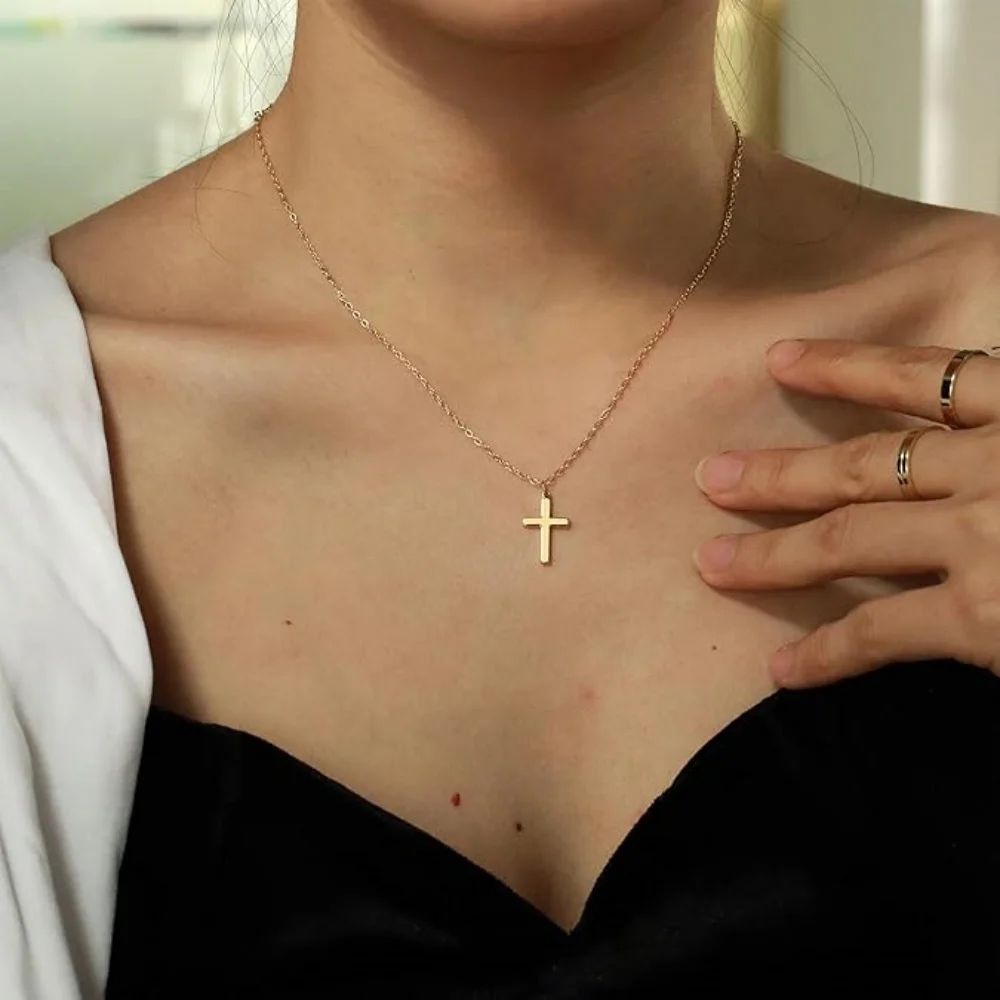 MEDFOLY Stainless Steel Cross Pendant Necklace for Women 18K Gold Plated/Silver Plated Simple Collarbone Chain for Mom Jewelry - Image 4