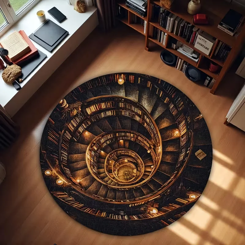 Spiral Library Optical Round Rug Vintage Bookshelf Visual Effect Non Slip Carpet Mystical Style Mat Study Room Living Room Decor
