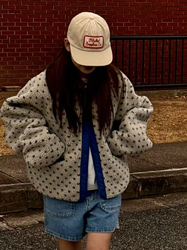 

Корейский Sle Faionable двусторонний костюм из меха ягненка или хлопчатобумажной ткани женский маленький размер модный антивозрастной универсальный теплый O...