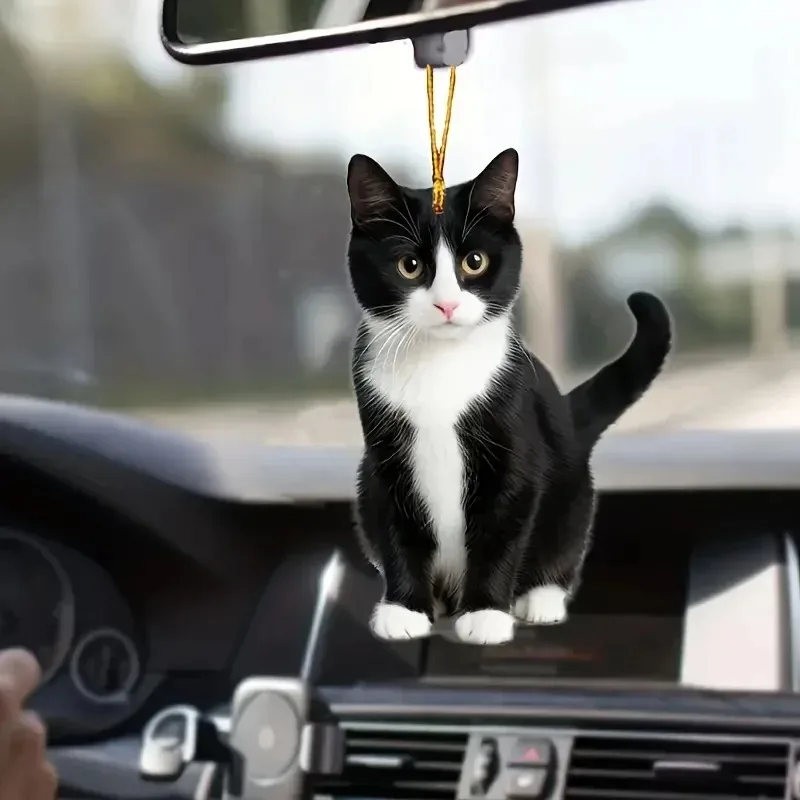 2D Acrylic Plush Black and White Cat Small Decorative Pendant for Car Rearview Mirror Car Decoration Pendant for Pet Enthusiasts