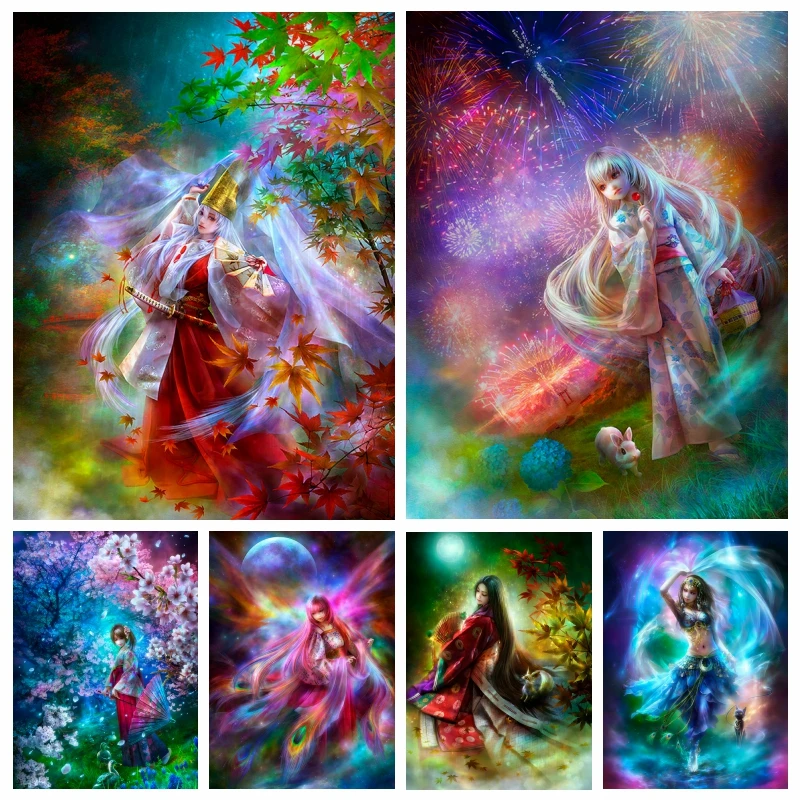 

Diy 5d Beautiful Scene Ancient Japanese Kimono Girl Diamond Painting Fantasy Elf Fairy Portrait Embroidery Cross Stitch Decor