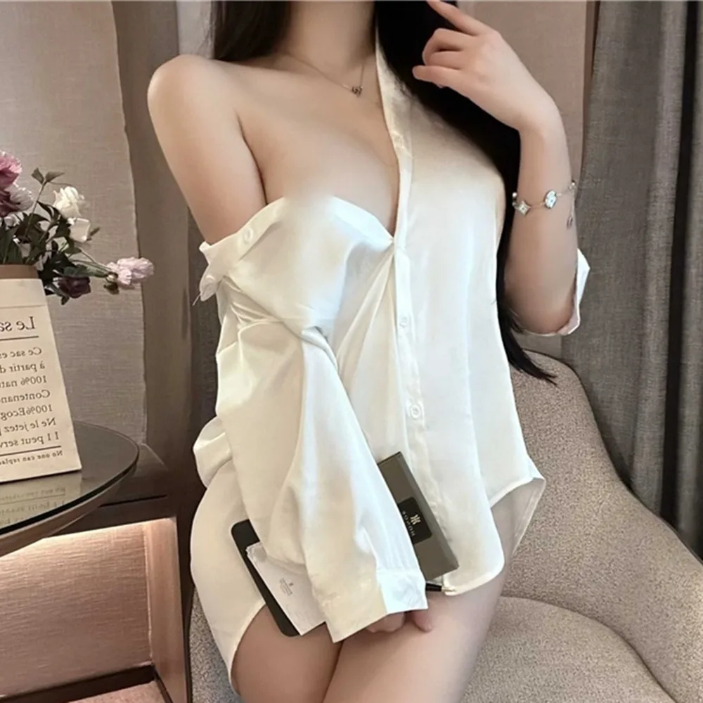 Camicia da notte da donna con scollo a V profondo Camicia bianca alla moda Indumenti da notte da donna sexy Indossa indumenti da notte per adulti Abbigliamento sessuale Camicie da notte femminili calde