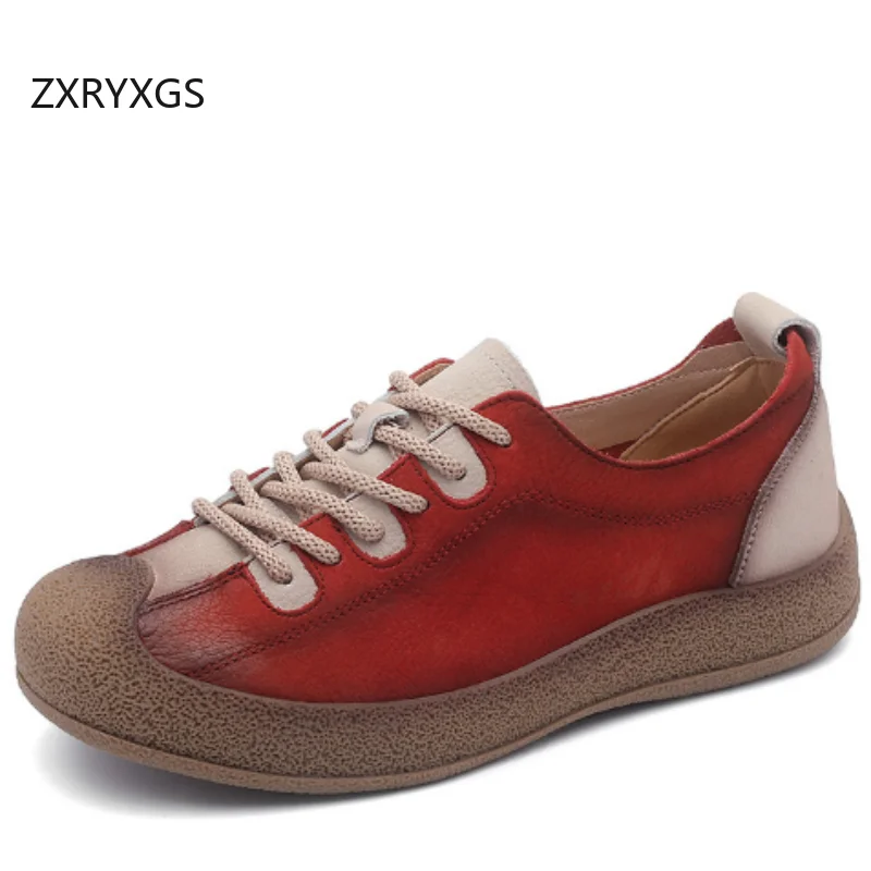 ZXRYXGS 2025 Top Cowhide Lace-up Mixed Color Full Genuine Leather Shoes Fashion Casual Sneakers Flat Soft Women's Travel Shoes