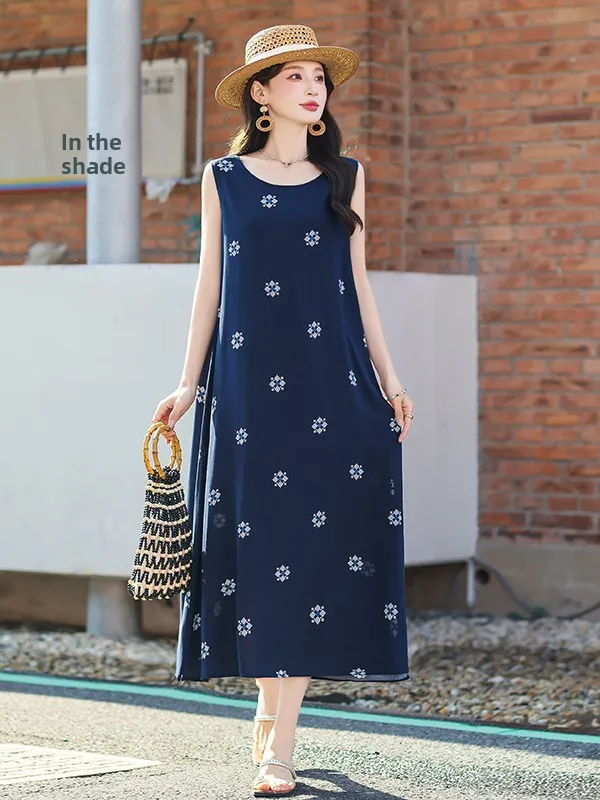 

Summer New plus Size Cotton Silk Sleep Dress Loose Artificial Cotton Women's Home Clothes Dress round Neck Mid-length Skirt