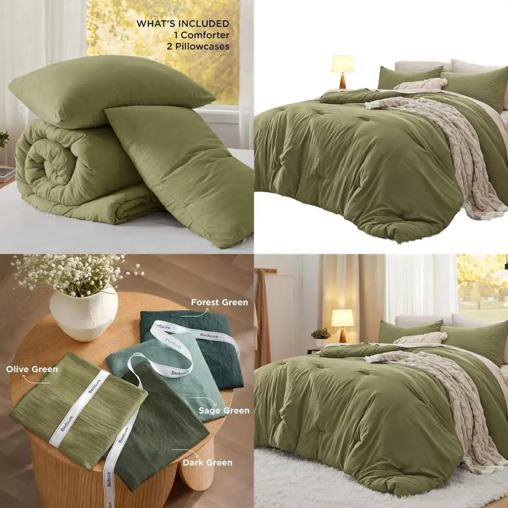 

Olive Green Queen Comforter Set, Prewashed Soft Bedding, 3-Piece Down Alternative, 90x90 Quilt & 2 Pillowcases