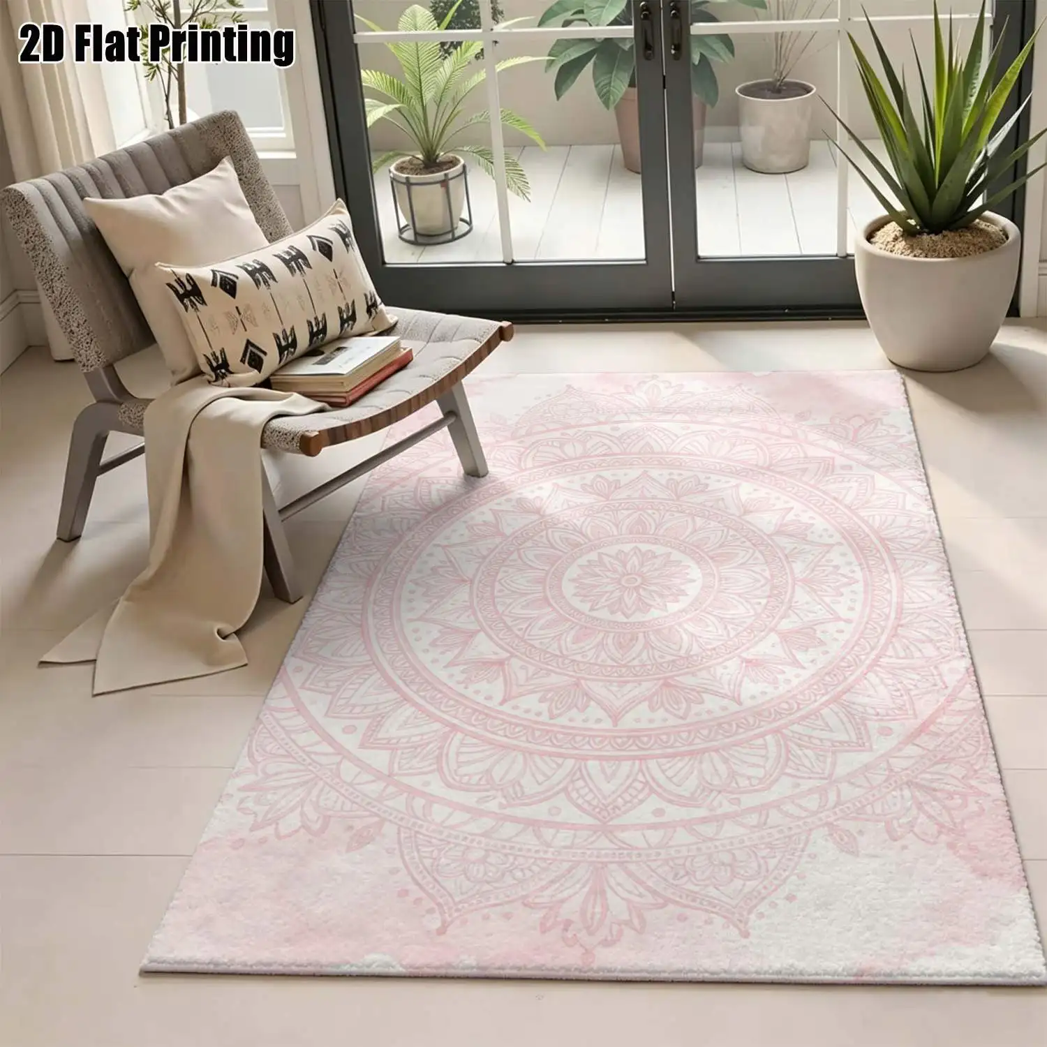 1Pc 2D Printed Pink Mandala Bohemian Carpet, European Vintage Designs, Home Decor, Multiple Sizes, Machine Washable, Multi-Use Mats
