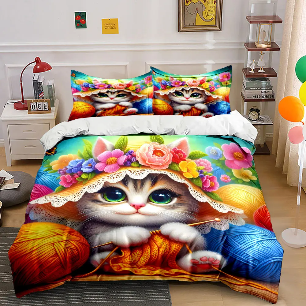 Cat ears, flower wreath, knitting yarn Pattern Duvet Cover Set Digital Print Colorful Polyester Bedding with Zipper Closur
