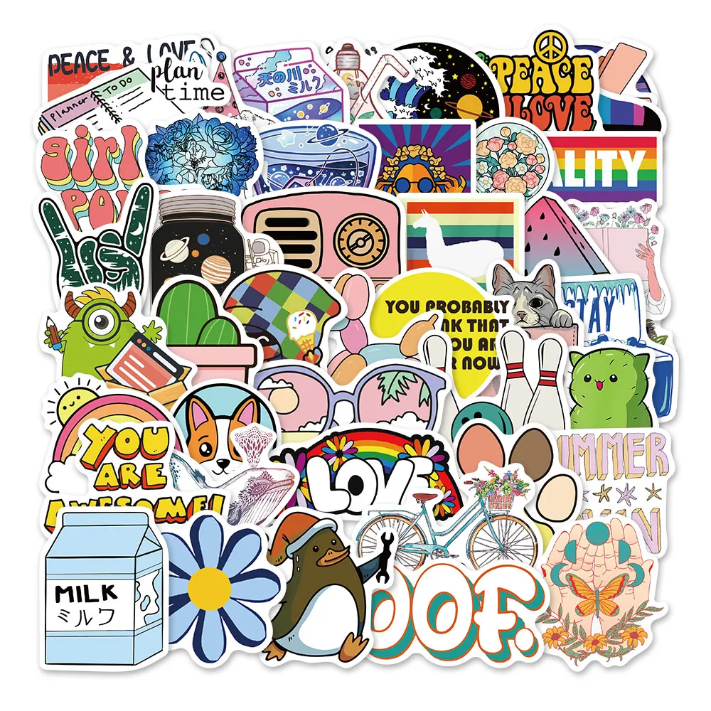 50pcs Colorfu Cartoon Refleshing Stickers Text Animal for Envelope Guitar Card Skateboard Scrapbooking Notebook Laptop Wateproof