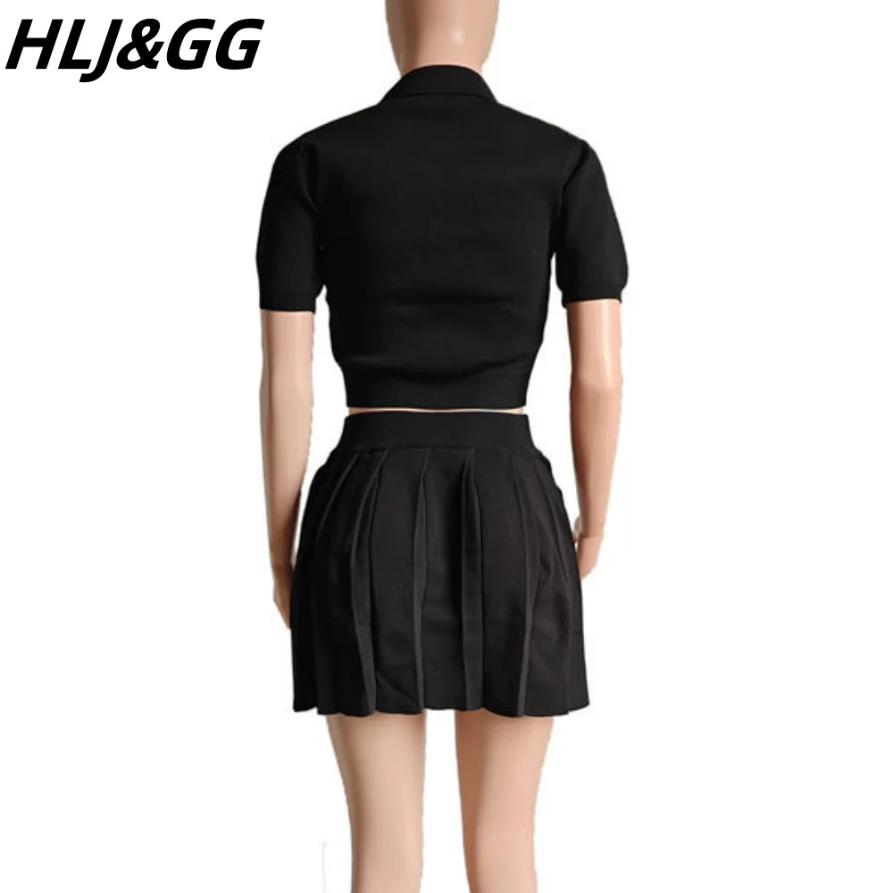 HLJ&GG Green Casual Knitting Pleated Mini Skirts Two Piece Sets Women V Neck Short Sleeve Slim Top And Skirts Outfits Clothing