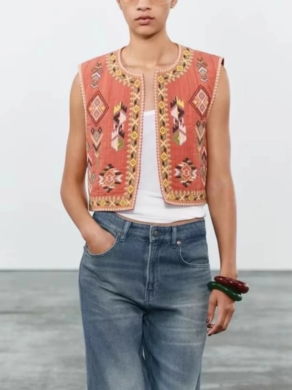 

Casual Loose Embroidered Women's Vest Faionable Svel Open Front 2024 Autumn New Sle round Ne ort Length