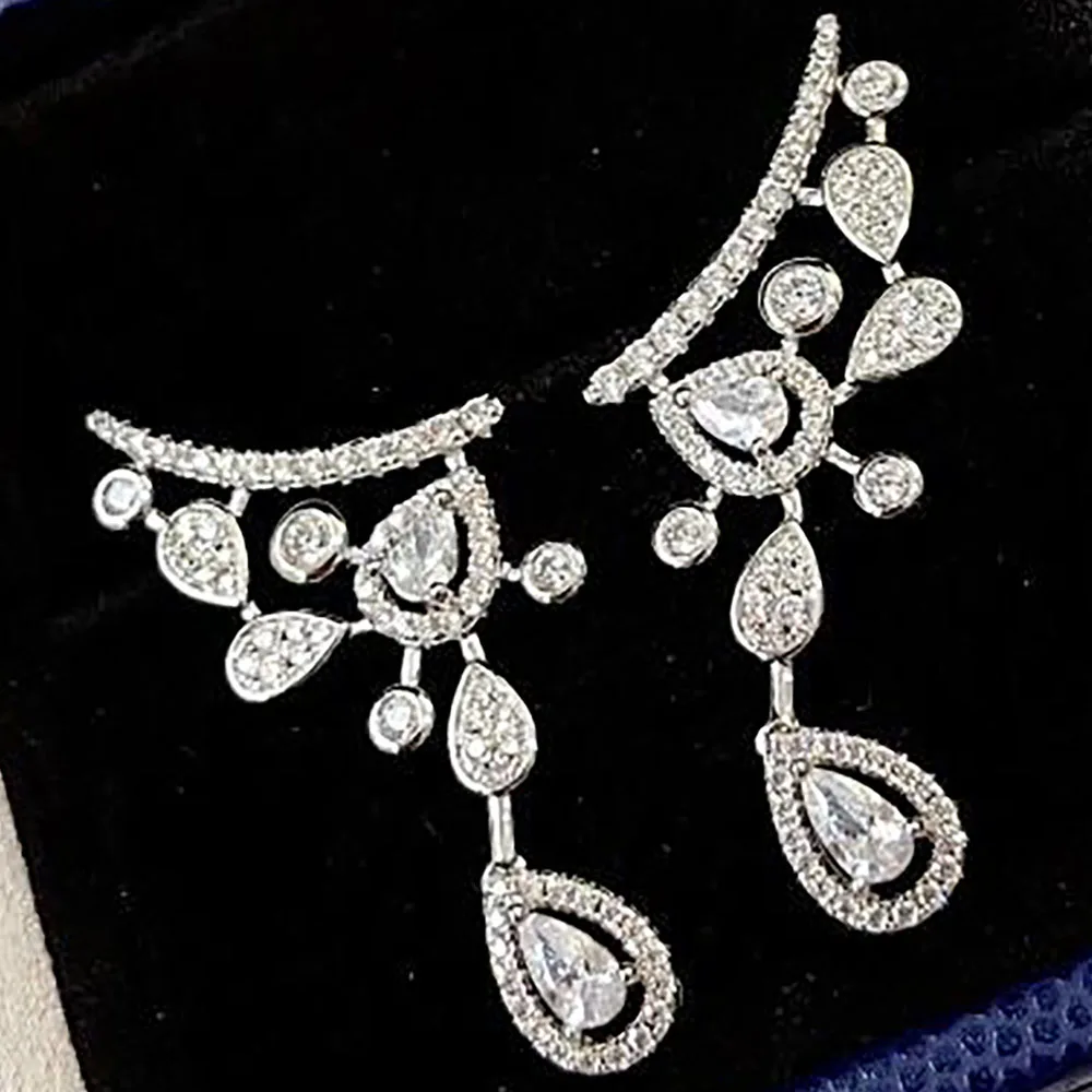 Custom Solid 14K White Gold Stud Drop Earrings Women Flower Water Drop Anniversary Engagement Party Moissanite Diamond Earrings