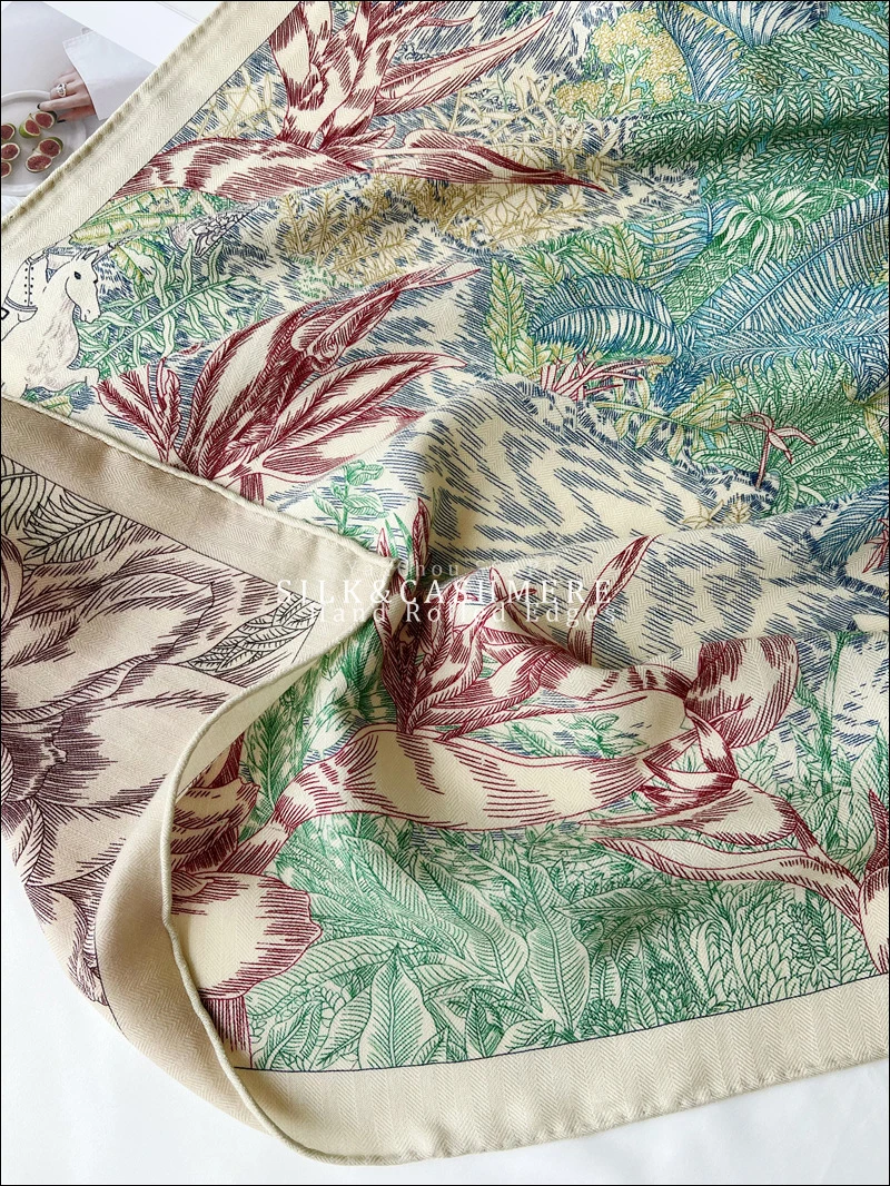 Faubourg Tropical scarf  Bufanda gigante de seda de morera de doble cara, pañuelos de lana cuadrados enrollados a mano, Bandanas AB reversibles,