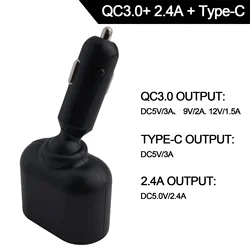 차량용 소켓 분배기 충전기 QC3.0 USB 포트 고속 충전, 12-24V 전원 어댑터 확장, 더블 배럴 라이터