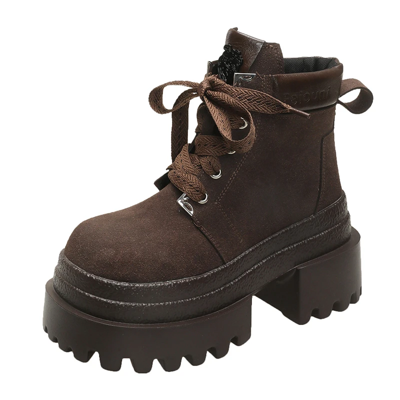 

Women Autumn Winter Leather Ankle Boots 9CM Chunky Heels Motorcycle Boots Woman Thick Bottom Lace-up High Platform Short Booties