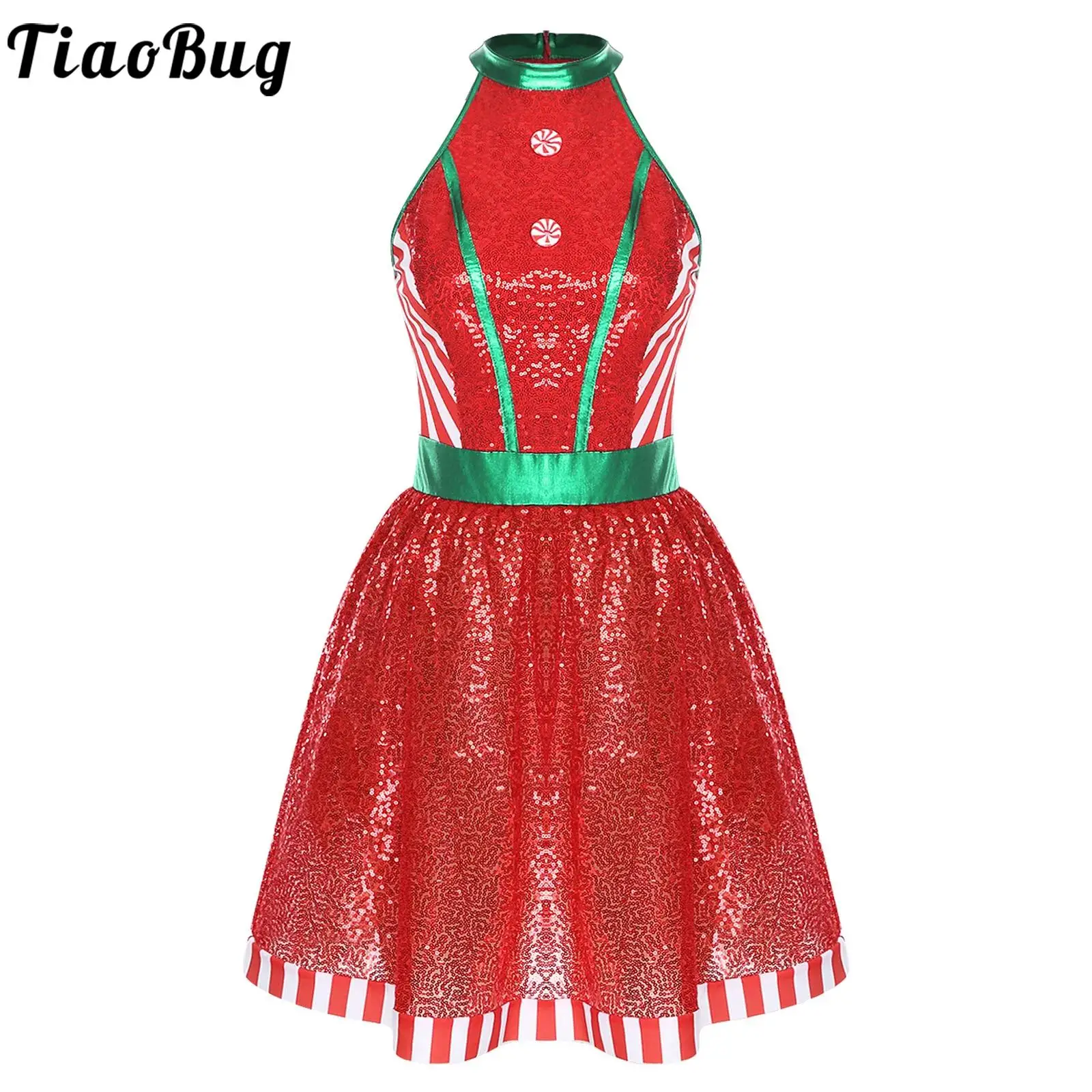 

Women Christmas Santa Costume Figure Skating Dress Sequins Halter Sleeveless Zip Color Block Tulle Dress Tutu Ballet Dancewear