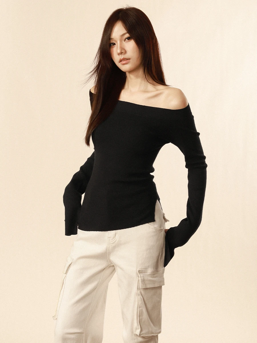 

Rre American Retro Classic Versatile Long Sve T-irt Early Spring Slimming oulder Bared Top Casual Simple Sle