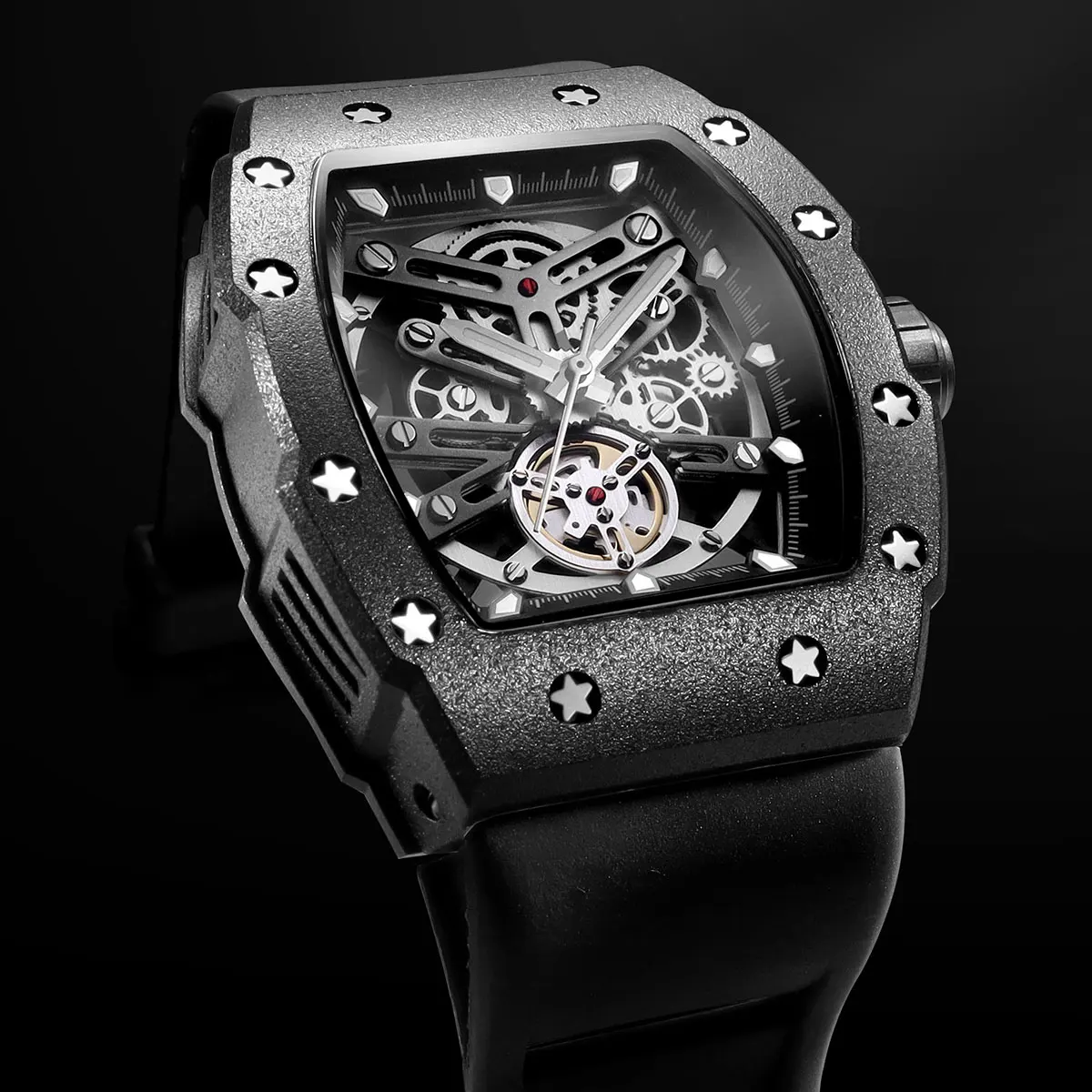 

Casual Men's Quartz Watch Barrel Case with Hollow Out & Luminous Design Sport Silicone Band Wristwatch with See-Through Back