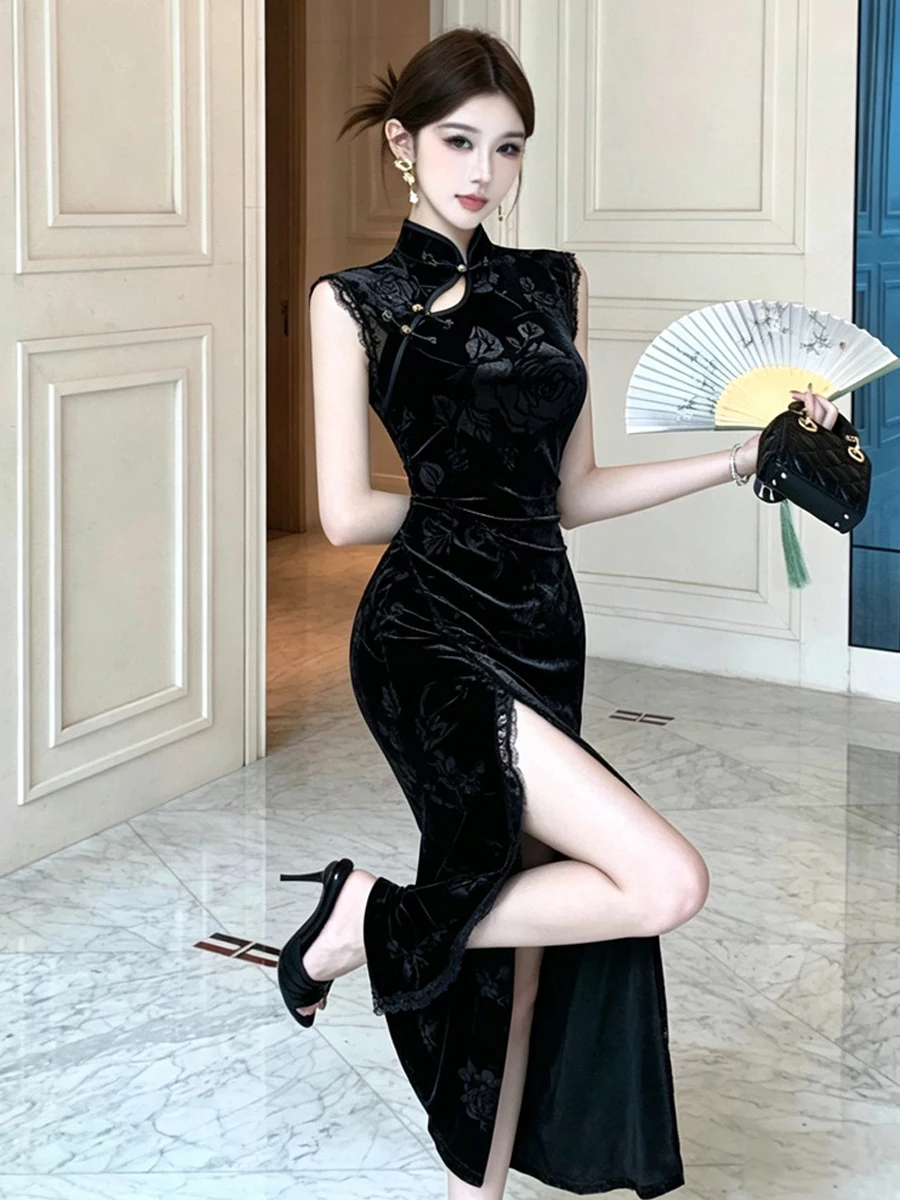 Retro Chinese Style Velvet Long Sleeveless Slimming Wrap Body Flag Dress New Version Fashionable Split Zipper Closure H-Line ...
