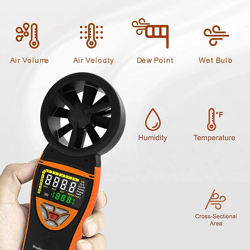 Misuratore di anemometro digitale misuratore di velocità del flusso d\'aria misura temperatura, umidità, altitudine per HVAC CFM Climbing BTMETER