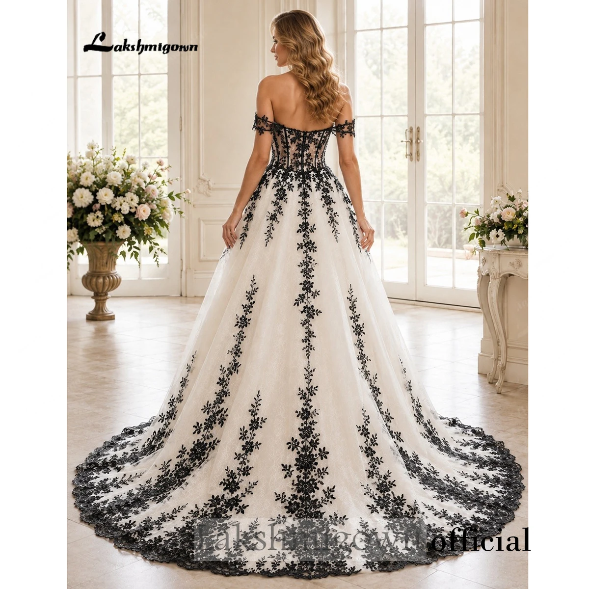 Lakshmigown Gothic Schwarzes Spitzen-Hochzeitskleid, schulterfrei, mit Herzausschnitt, Korsett, A-Linie, Hofschleppe, Brautkleid für Damen, maßgeschneidert. – Detail 6
