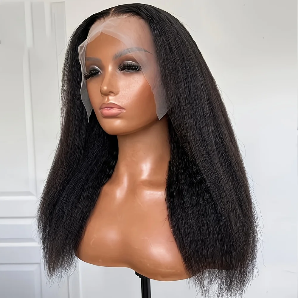 Natural Black Soft 24Inch Long Glueless Kinky Straight Yaki 13x4 Lace Front Wig For Women With Baby Hair Preplucked Daily