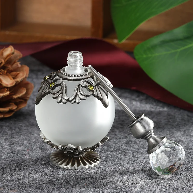 Antique Silver Metal Glass Perfume Bottle 25ml Empty Refillable Frost Round With Olive Green