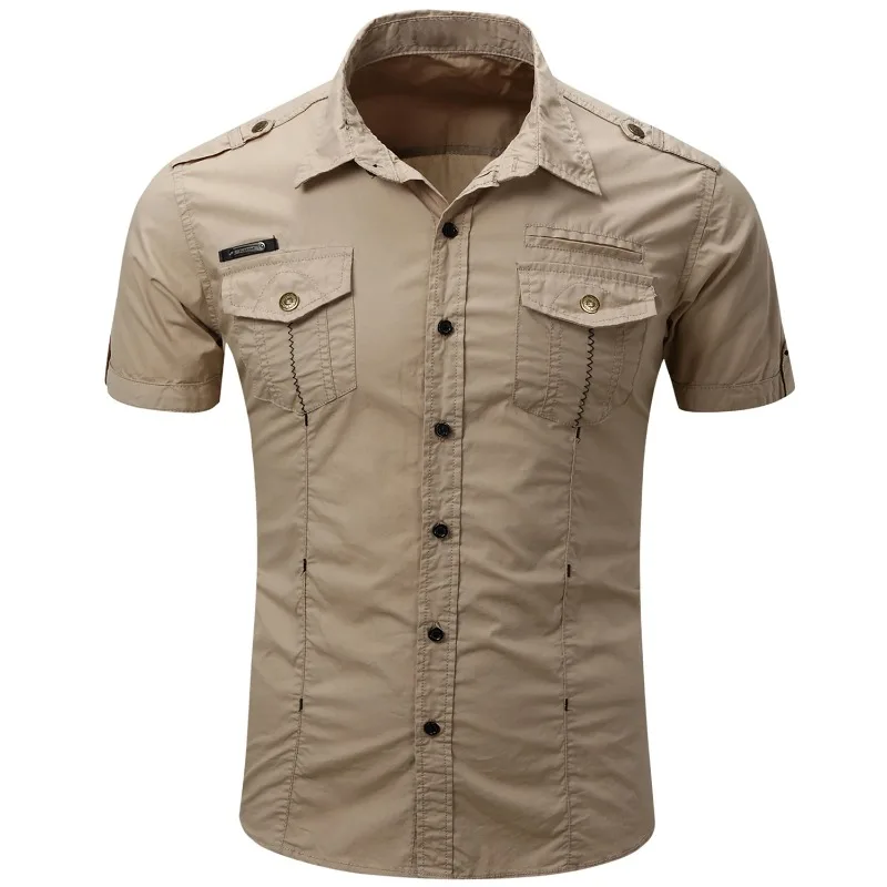 2025 Men's Casual 100% Cotton Military Tactical Shirt Summer Short Sleeve Solid Color Cargo Work Shirts with Pocket