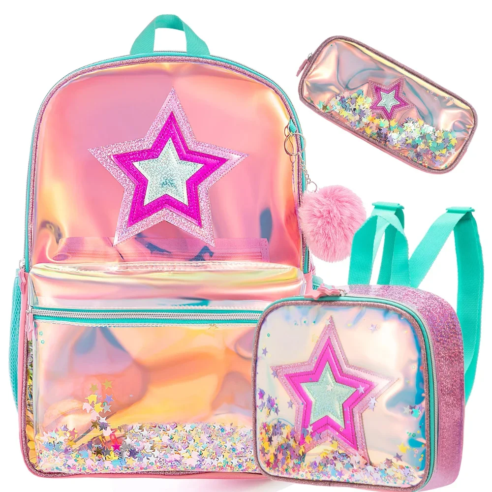 BIKAB School Backpack Girls 16 Inch Girls Backpacks Sequin Backpack with Lunch Box Backpack Women Girls School Supplies Set Bags