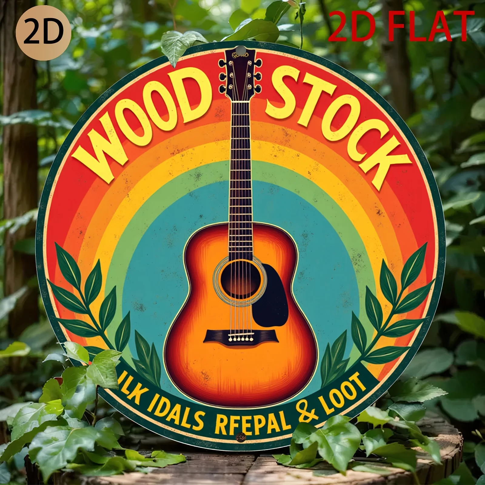Vintage Woodstock Music Festival Guitar Logo Metal Wall Art - Retro Tin-like Decor with Red-Yellow-Green Gradient Rainbow - Easy