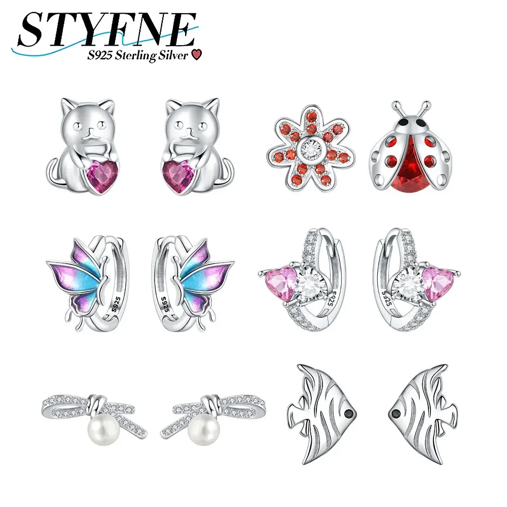 

Sterling 925 Silver Cute Love Kitten Ladybug Small Flower Mandarin Duck Earrings Original Earrings for Women High Jewelry Gifts