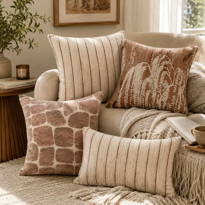 Luxury Cozy Chenille Jacquard Cushion Cover Wabi Sabi Beige Neutral Textured Throw Pillow Cover for Couch Aesthetic Home Decor