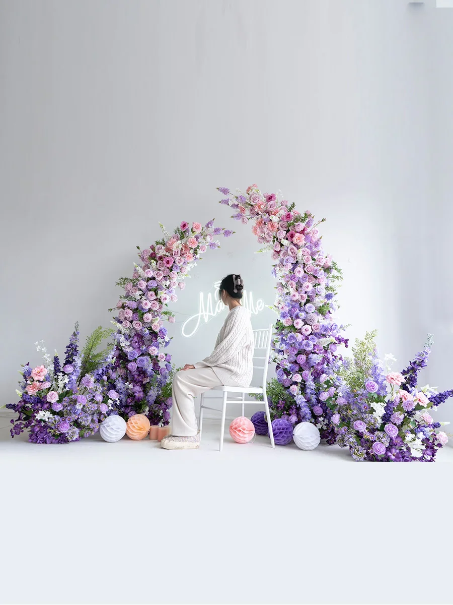 Customized purple marriage proposal ceremony decoration horn arch set, wedding ceremony stage photo arrangement simulation flowe