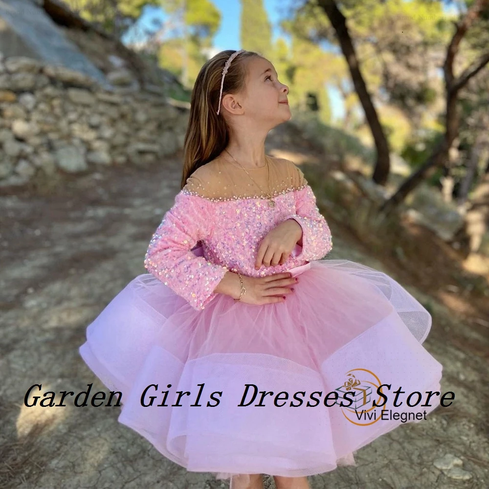 

Pink Flower Girls Dresses with Sequined Full Sleeve A Line Christmas Dresses for Princess 2025 Summer فستان عيد الميلاد