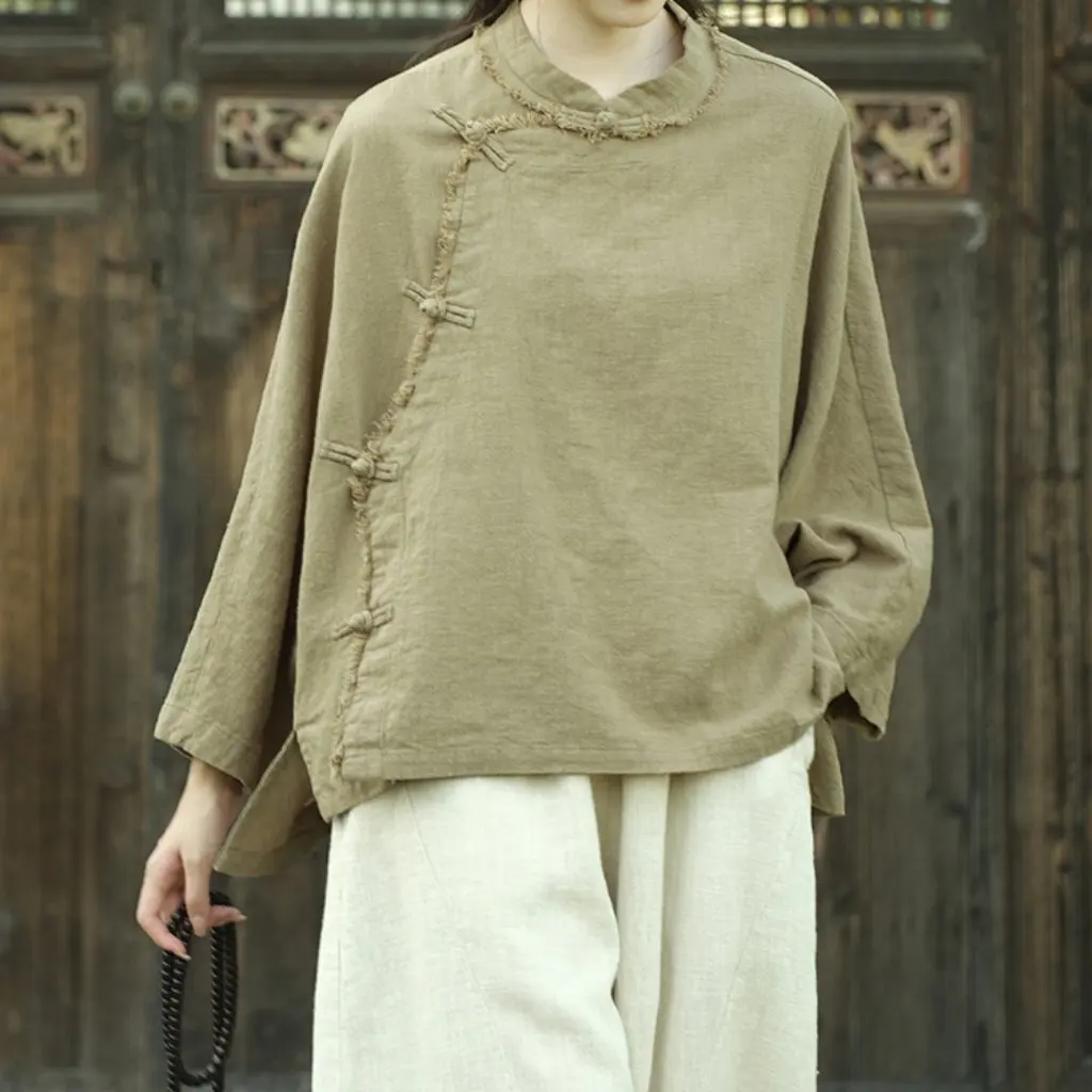 

Women's Retro Chinese Cotton Linen Ramie Sand Wash Brushed Zen Top Shirt Improved Buckle Design Spring Summer