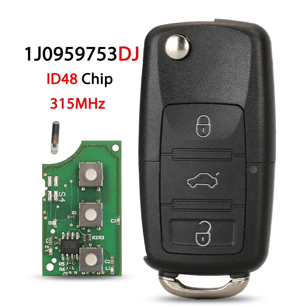Jingyuqin 3-Tasten 1J0959753DJ ID48 315MHz Auto-Klappschlüssel für Volkswagen Golf Passat Bora Sharan Seat Leon Toledo ab 1998 Fernbedienung