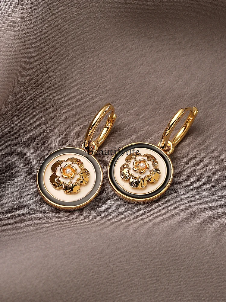 Fashion camellia round flower pearl simple temperament earrings