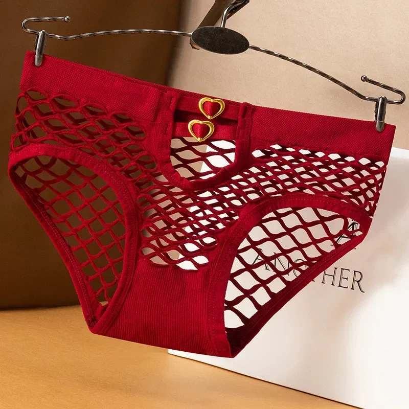 

Love Metal Buckle Mesh Underwear Women's Perspective Mid Waist Underwear Hollow Mesh Breathable Slim Style Underwear Solid Color