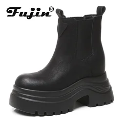 Fujin 8cm Microfiber Synthetic Leather Platform Wedge Round Toe Women Ankle Spring Knee High Elastic Autumn British Boots Shoes