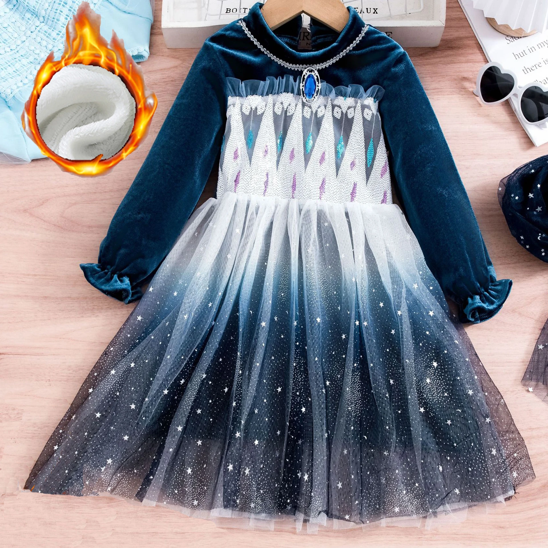 

Girls Winter Plush Children's Western Style Frozen Formal Dress Kids 3-10Y Dress Party Long-sleeved Princess Ceremonial Dress