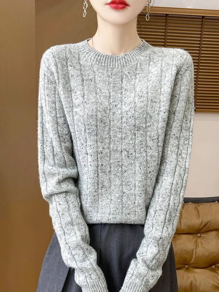 

Autumn Winter O-Neck Pullover 100% Merino Wool Knitted Sweater Thick Color Dots Cable Stitch Soft Women's Casual Clothing Tops