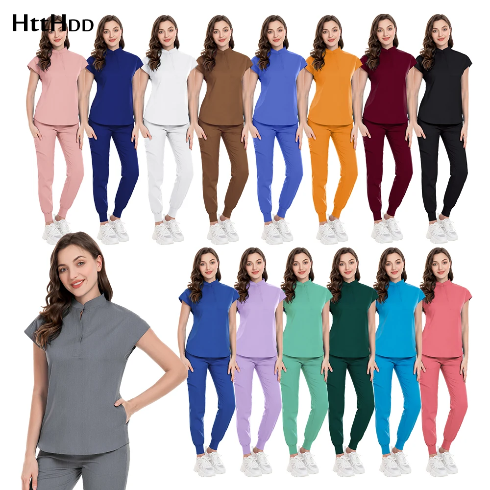 Tenues médicales multicolores pour femmes, blouses d'infirmière, uniformes d'hôpital en polyester extensible, ensembles de hauts et de pantalons à manches courtes