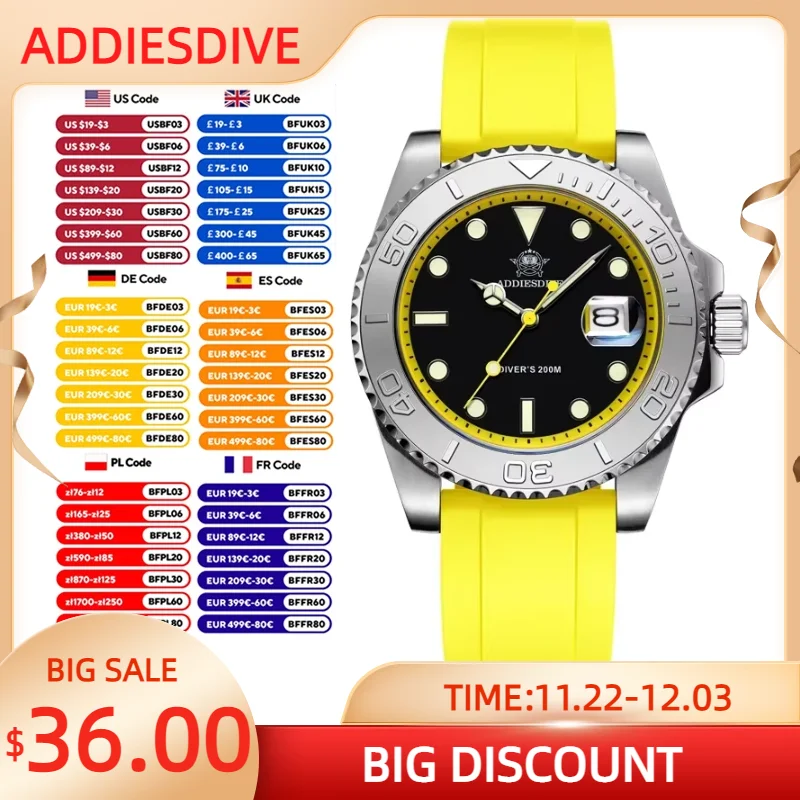 ADDIESDIVE-reloj de cuarzo AD2040 para hombre, accesorio Masculino de pulsera de Seel inoxidable, superluminoso, Miyota 2115, 200m, varios colores