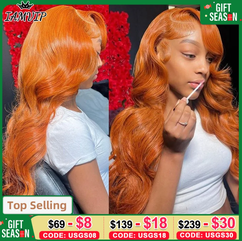 IAMVIP 13x4 13x6 200 Density Transparent Hd Lace Front Wigs For Women Body Wave Remy Human Hair Ginger Orange Color Pre Plucked