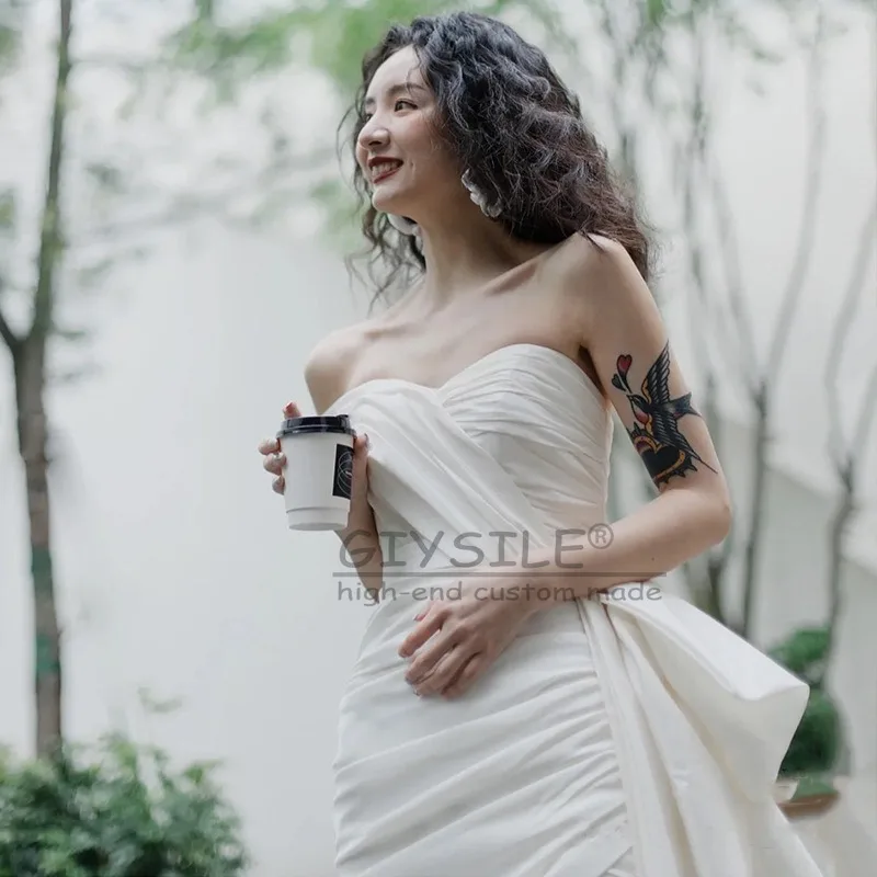 GIYSILE – robe de mariée blanche personnalisée en Satin, asymétrique épaule dénudée, sans manches, taille avec nœud, jupe queue de poisson, dos nu, mode Sexy