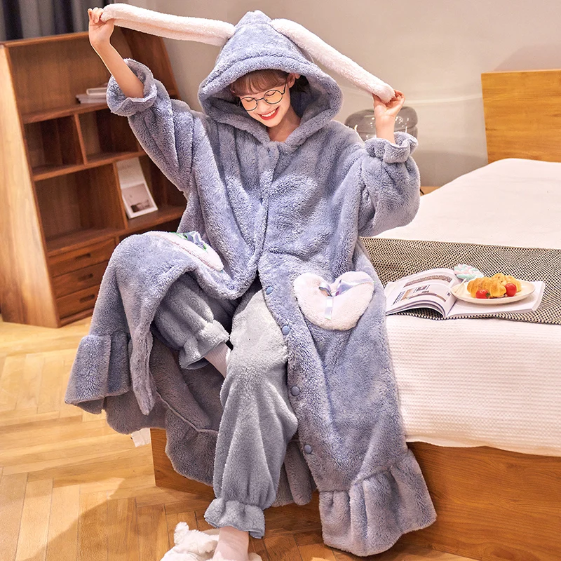 Thicker Women\'s Pajamas Warm Sweet Hooded Nightgown Winter Flannel Kawaii Home Clothes Female Cute Soft Chic Robes 2XL пижама