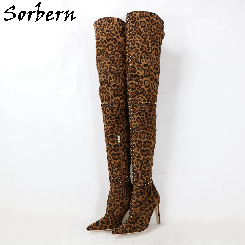 Sorbern Leopard Brown Rivets Women Boots Over The Knee Pointed Toe High Heel Stilettos Half Zipper Custom Slim Wide Fit Legs