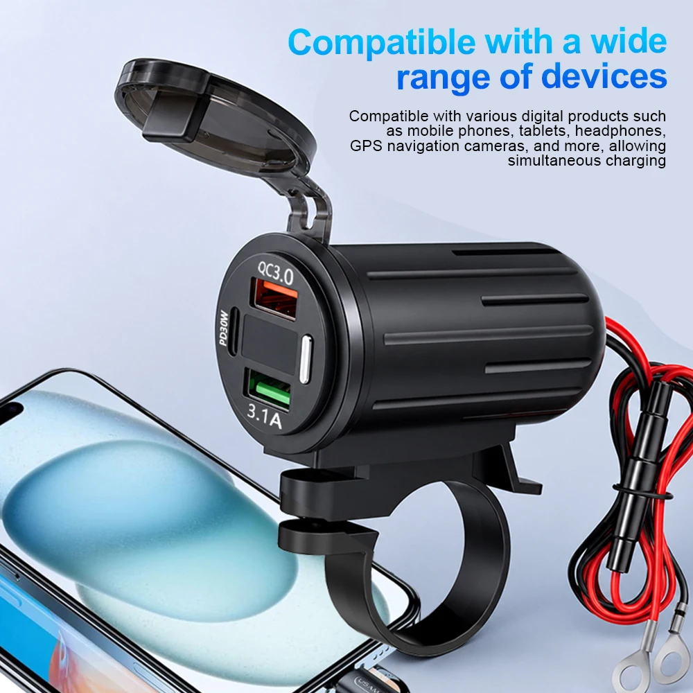 Waterproof  Motorcycle Handlebar USB Charger Cigarette Lighter Adapter 12V Power Socket Type-C Quick Charger For Car Boat ATV