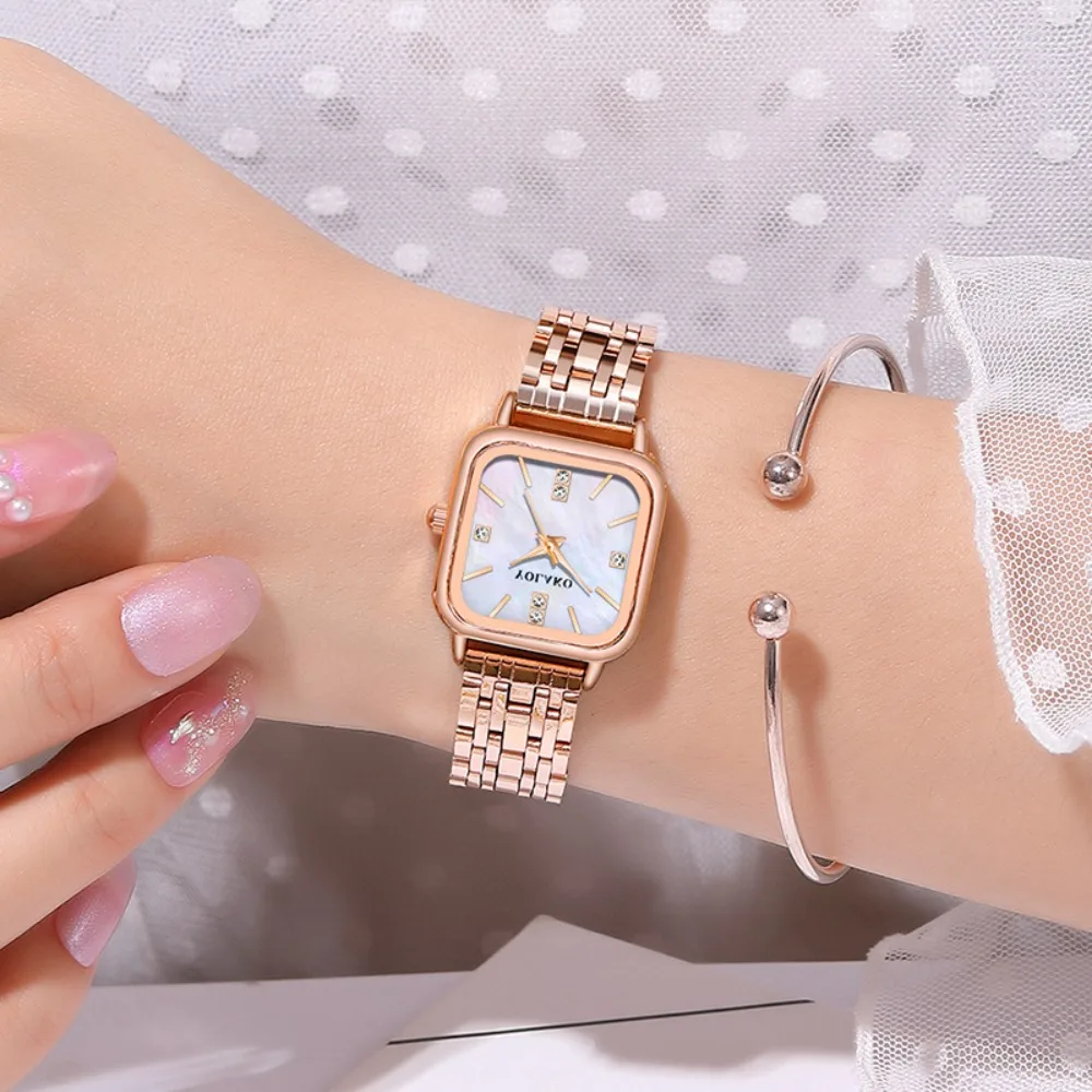 

Luxury Women Quartz Watch Square with Diamonds Seashell Surface Design Gold Coloured Fine Metal Strap Watches Montre Femme Часы